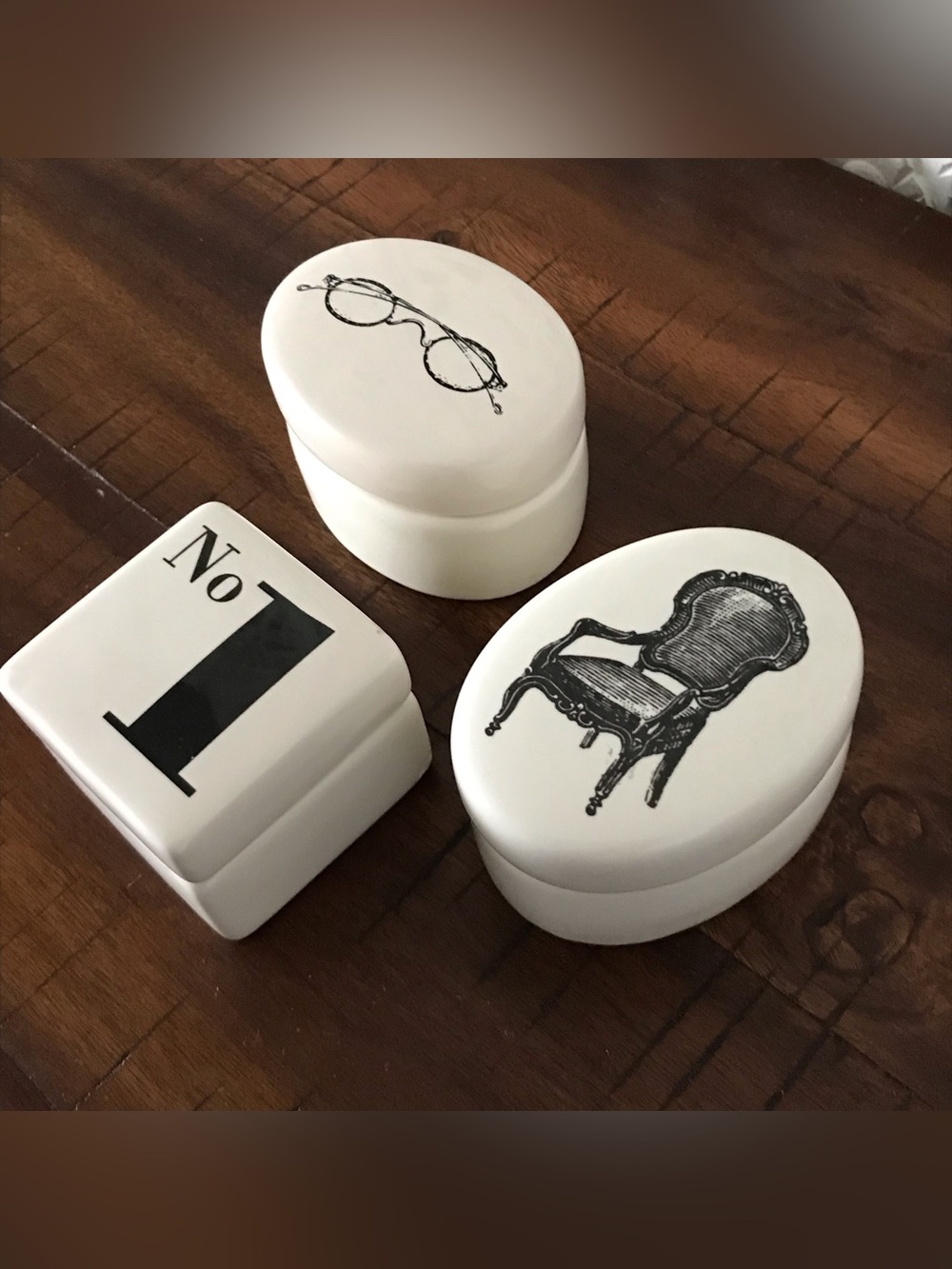 Urban Outfitters White Ceramic Trinket Boxes with Black Graphics (Set of 3)